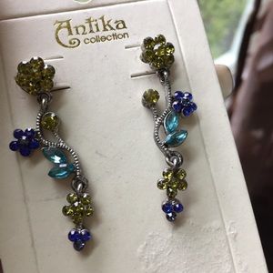 Antika green & blue crystal flowers earrings